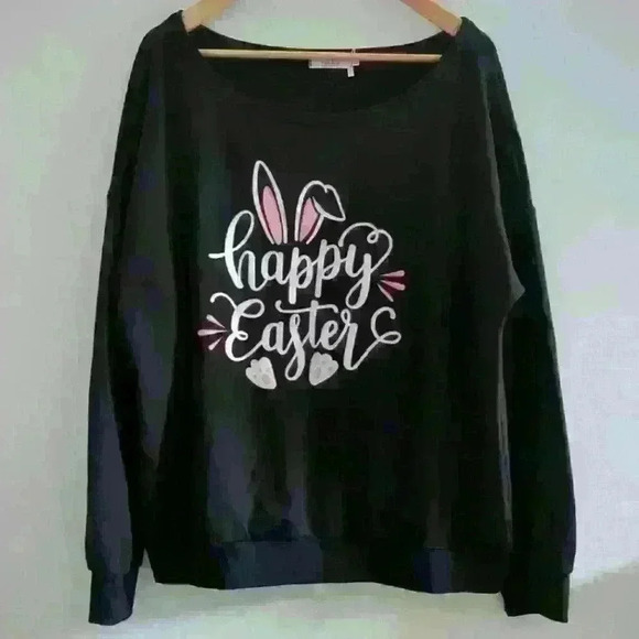 Roshop Sweaters - ROSHOP | Women's Black "Happy Easter" Oversize Off Shoulder Scuba Fleece…